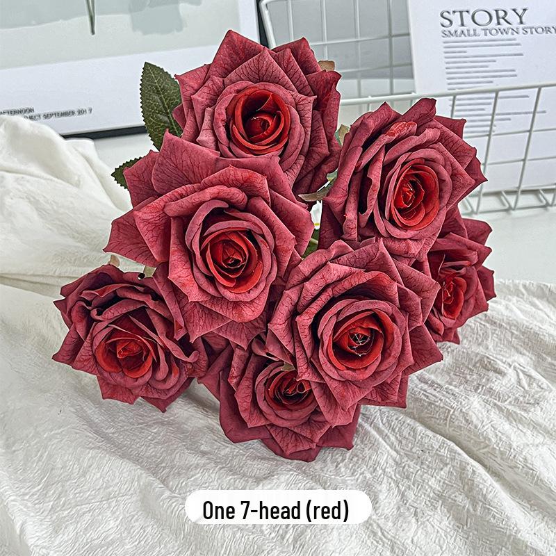 7-Head Embossed Cappuccino Rose Bouquet: Artificial Wedding Car Decoration with High-End Feel