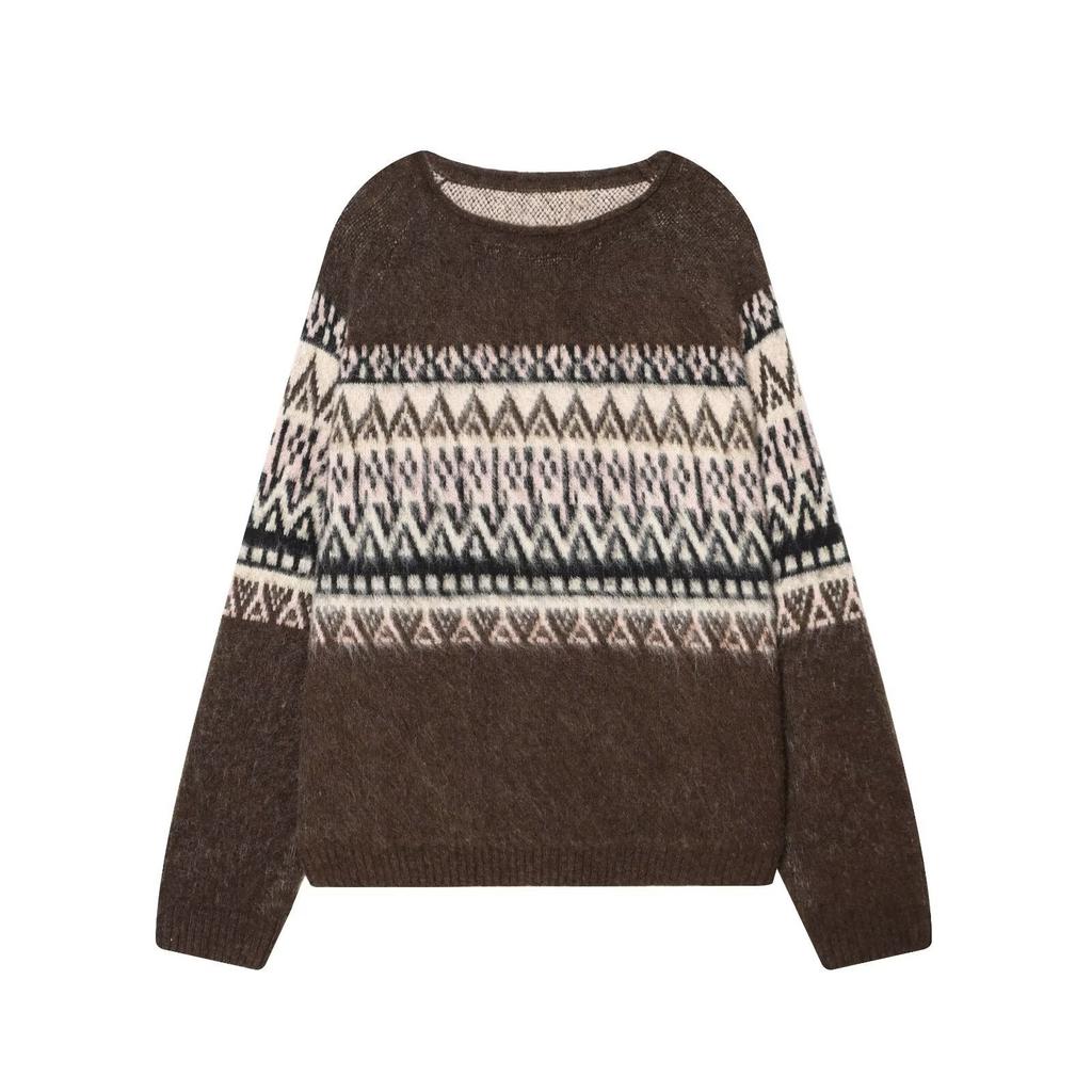 European and American style, new women's clothing, fashionable, versatile, simple color-rubbing effect jacquard knitted sweater