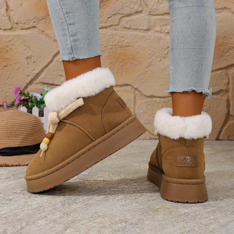 Damen Schneestiefel Runde Zehenpartie Plateausohle Schmetterlingsknoten Schnürung Perlen Baumwollstiefel Freizeit Allround Winterstiefel mit Fellfutter