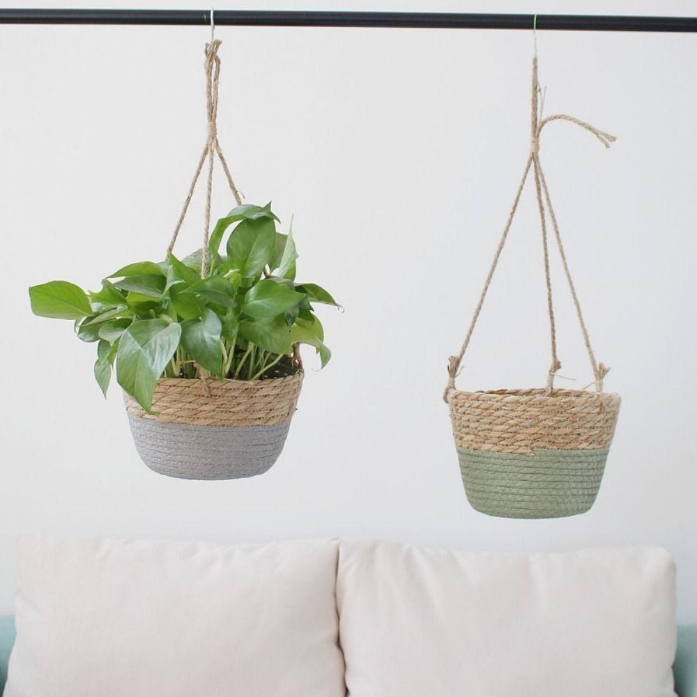 Durable Handwoven Straw Hanging Basket Decorative Handmade Macrame Plant Storage Basket Waterproof Woven Flower Basket Outdoor