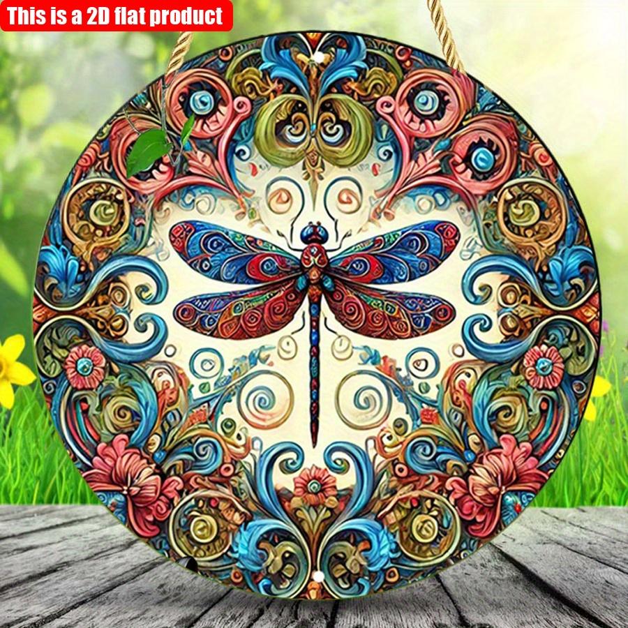 2D flat 20*20cm1pc Vibrant bright-coloured Dragonflies&Heart shape Flowers patterns Round Signage, Colorful Wall Art Decor for Bar Cafe Club Yard Home