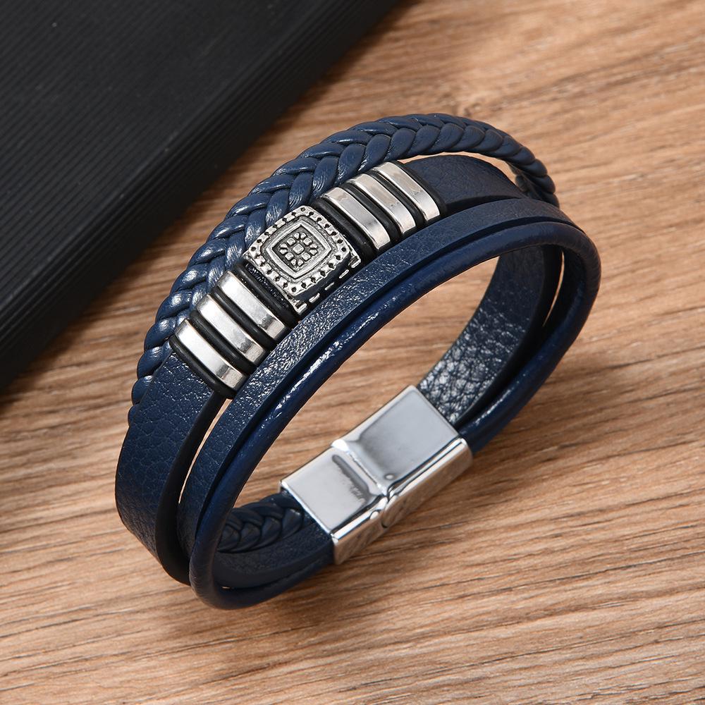 

Европейско-американский ретро стиль сплав цинка многослойный мужской кожаный браслет темно-синий