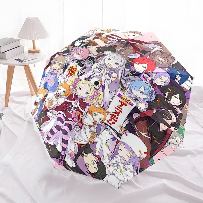 1pc Re:Zero Anime Characters Outdoor Umbrella - Automatic Opening/Closing, Portable 3-Fold Design, 8-Bone Iron Frame, Perfect Gift for Fans, Trav