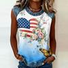 Sleeveless Crew Neck Casual Top with Denim Trim and Star Firework Floral Print for Women Summer Wear