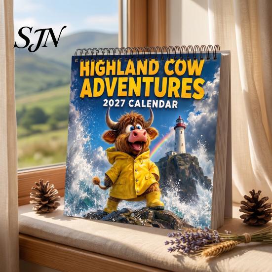 Functional Note Taking Planner 2027 Highland Cow Wall Calendar, 12-Month Adventure Themed with Spiral Yearly Goal Setting Journal Binding, Thick Paper
