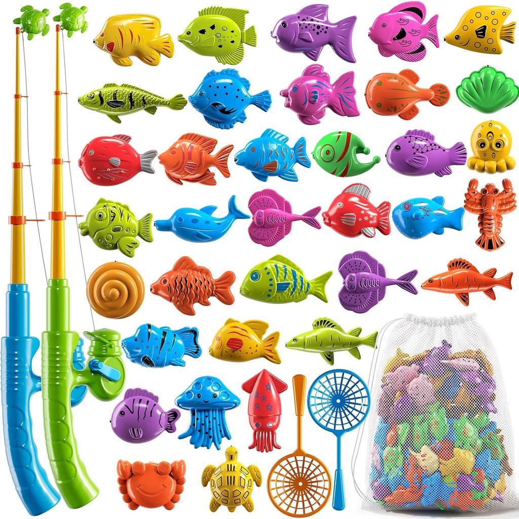 Magnetic Fishing Game Pool Toys for Kids 3-5, Water Table Bathtub Kiddie Party Toy with Pole Rod Net Plastic Floating Fish