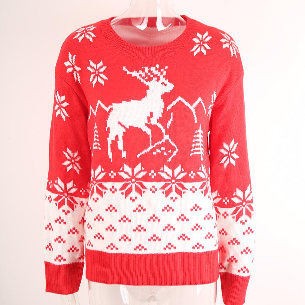 Pulover de Crăciun de iarnă pentru femei, cu gât rotund, pulover roșu