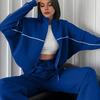 Women Winter 2 Piece Suit Half High Collar Zip Up Long Sleeve Top Elastic Waist Wide Leg Pocket Trousers