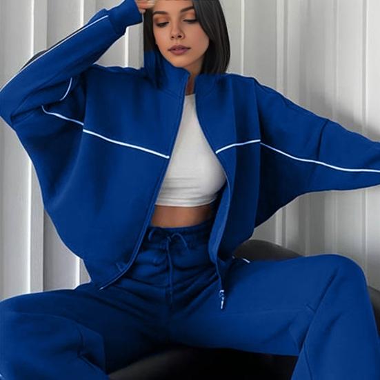 Women Winter 2 Piece Suit Half High Collar Zip Up Long Sleeve Top Elastic Waist Wide Leg Pocket Trousers