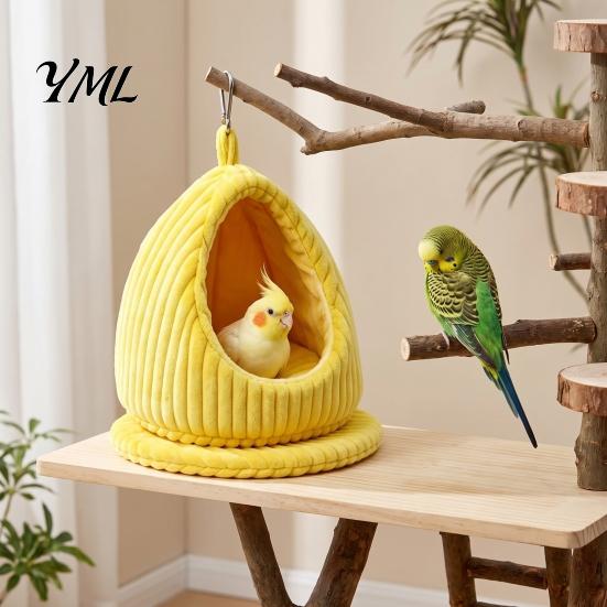 Cotton Bird Nest Hanging Parrot Bed, Winter Striped Plush Water Drop Shape Detachable Bed Cozy Cave with Removable Cushion, Cage Hammock for