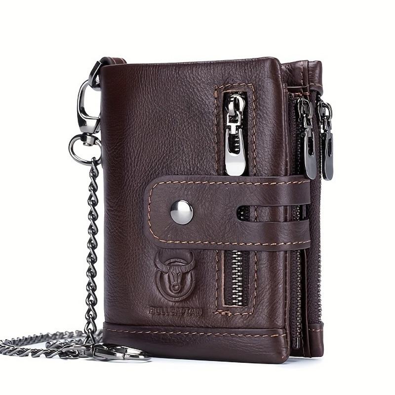 Genuine Leather Men's Wallet Large Capacity RFID Blocking Wallet Casual Retro Multifunctional Card Bag With Anti-Lost Chain