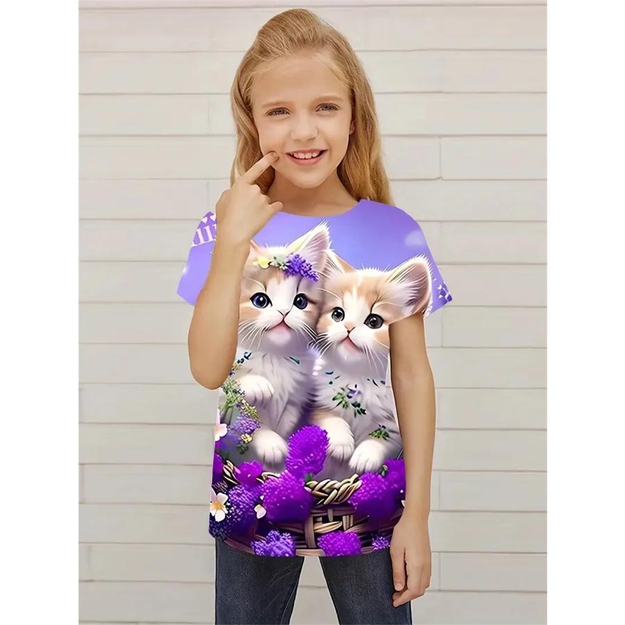 New Girl Garden Cats 3D Printing Short Sleeve T-Shirt Trendy Novelty Tees For Kids Party Fun Daily T Shirt Girls Tops Clothing