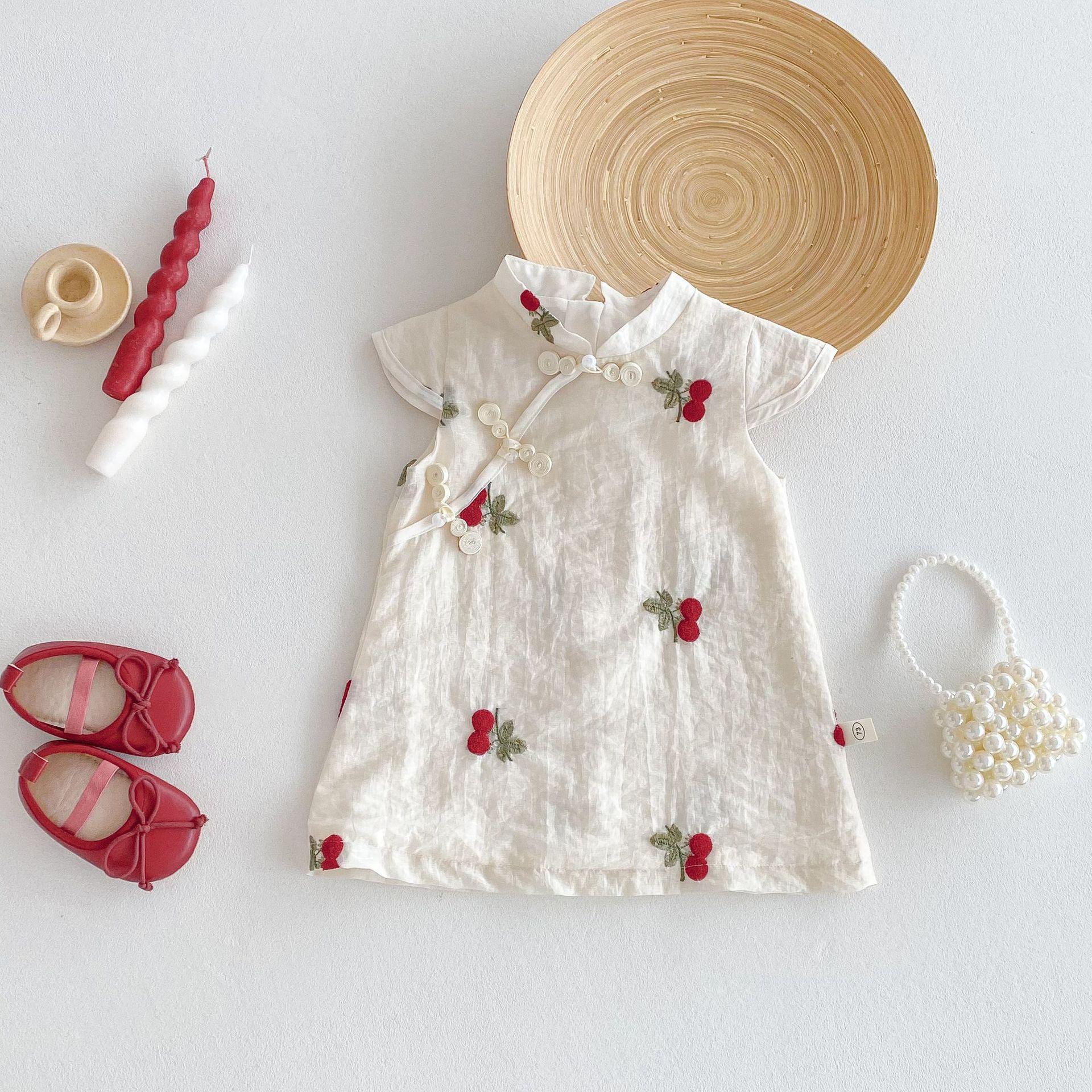 

Girls Cherry Cheongsam Dress Summer Chinese Style Cross Collar Princess Dress Fashion Outfit for Kids 120