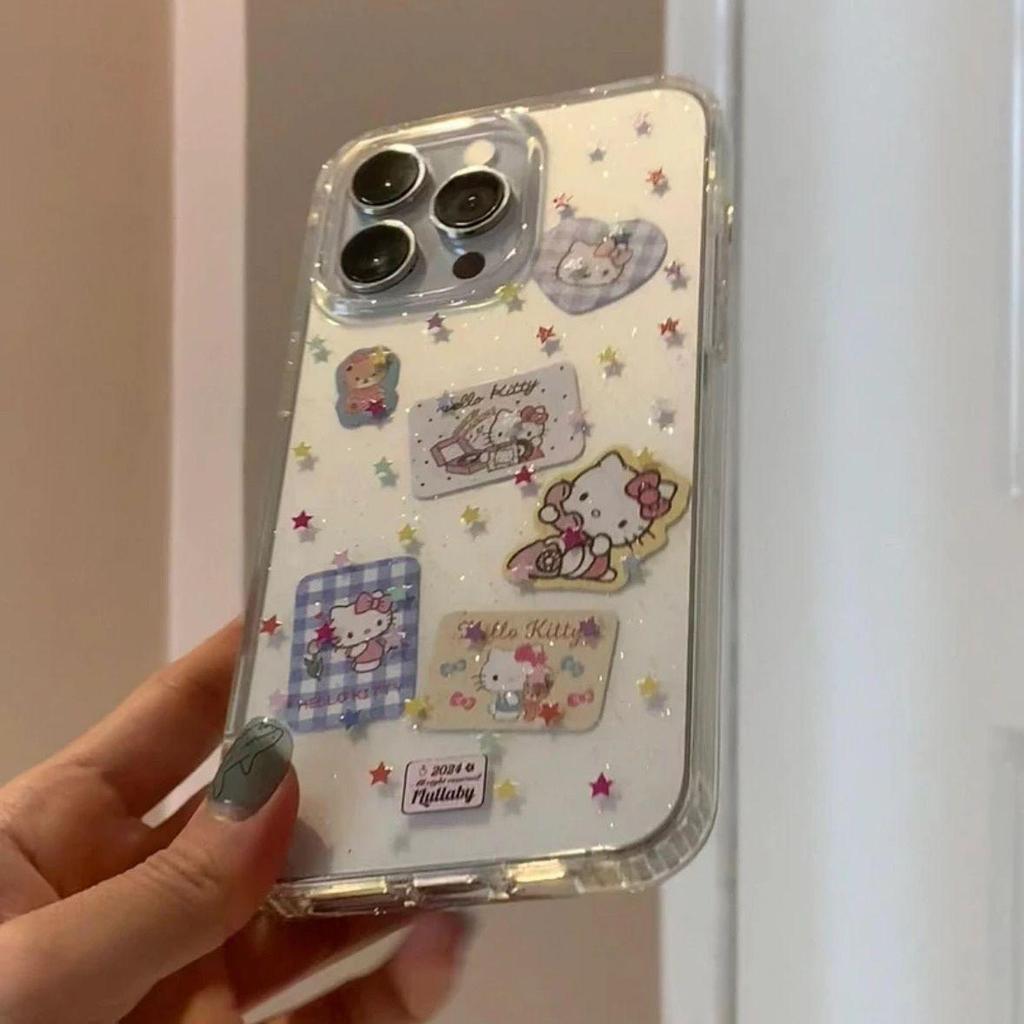 Hello Kitty Glitter Star Transparent Phone Case for Apple Models (iPhone 16/15/14/12/11/8/7 Plus/XS/XR/Pro Max) - Soft and Stylish