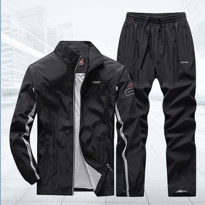Men's Spring and Autumn Plus Size Standing Collar Long Sleeve Jacket + Casual Breathable Loose Trousers Outdoor Hiking Sports Jacket Two Piece Set