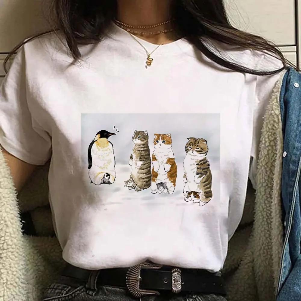 Cute Cat Print Short Sleeves Women's Tshirt Fashion Streetwear Y2k Clothing Sportwear Harajuku Pullover Tops Tees Summer Spring