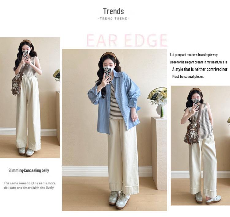 Maternity Petite Striped French Long Sleeve Shirt Set - High-End Spring/Summer Design