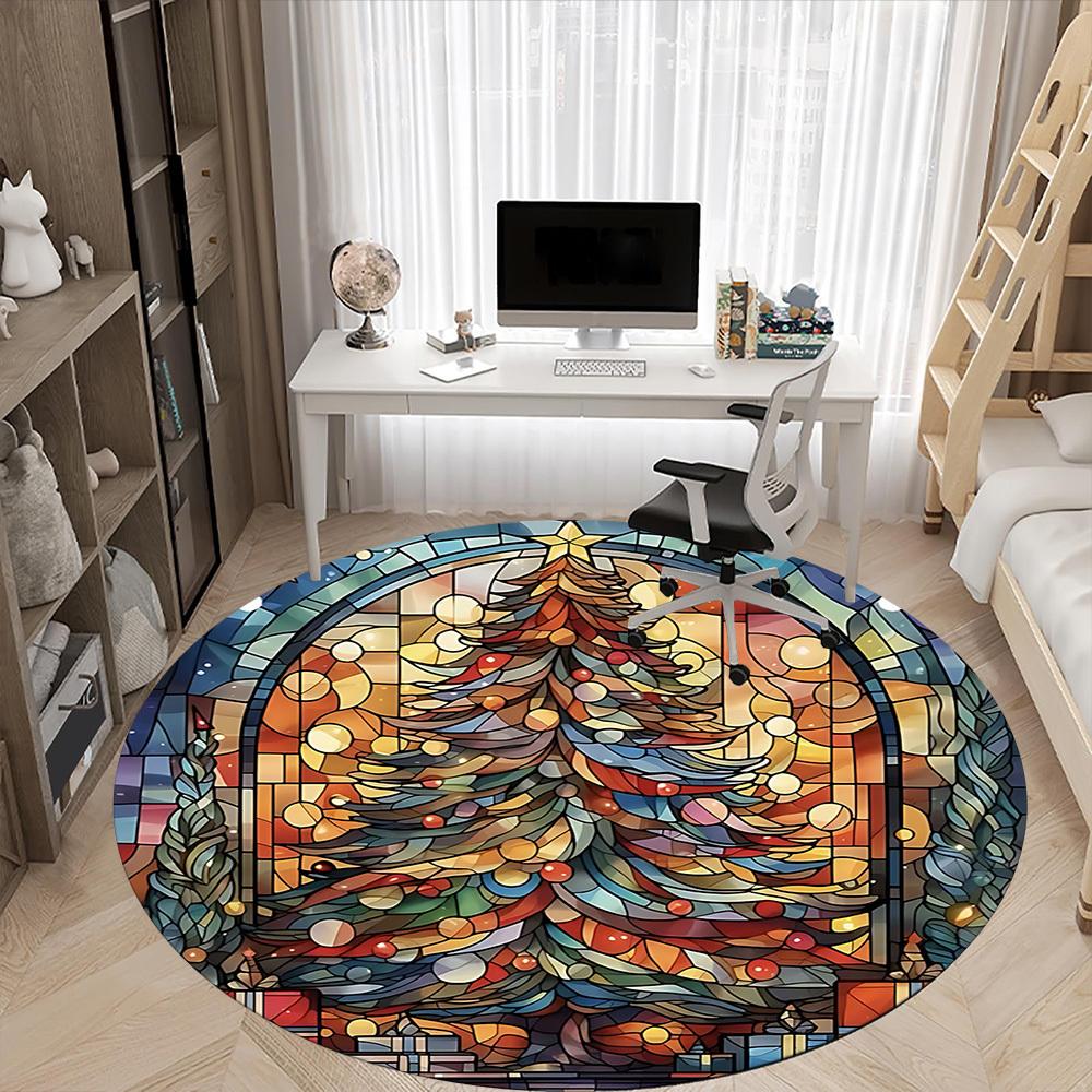 1 Stück Weihnachts-Buntglas-Büro-Runder Teppich, Unter Bürostühlen Schlafzimmer Wohnzimmer Heimdekoration, Zimmerdeko