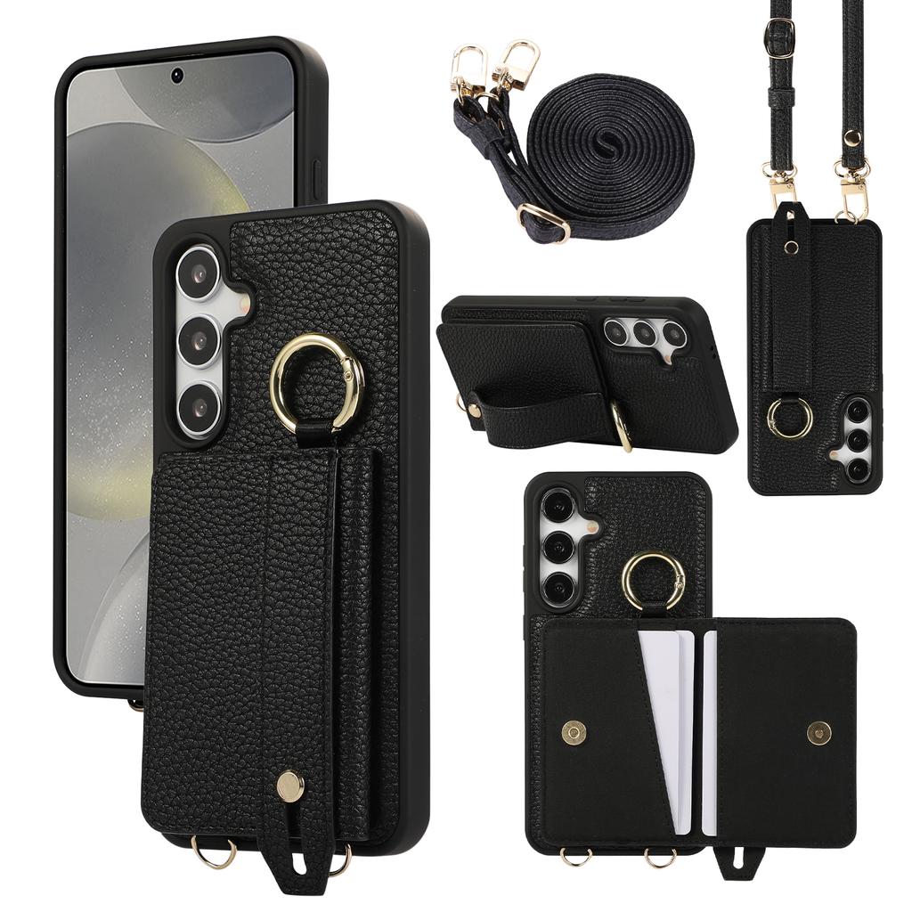 Wristband Ring Holder Magnetic Cards Solt Leather Wallet Case For Samsung S25 Ultra S24 Plus S23 S22 long Lanyard kickstandCover