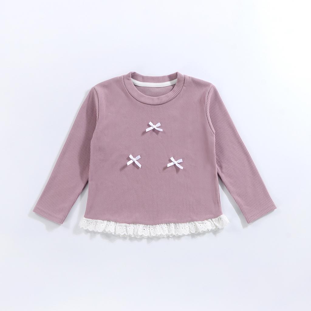 Girls Spring Base Layer Versatile Long-Sleeve Lace Round-Neck Top with Bow Korean-Style Outerwear for Girls