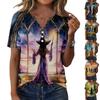Women's Halloween Print V-Neck Short Sleeve Casual T-Shirt with Decorative Buttons