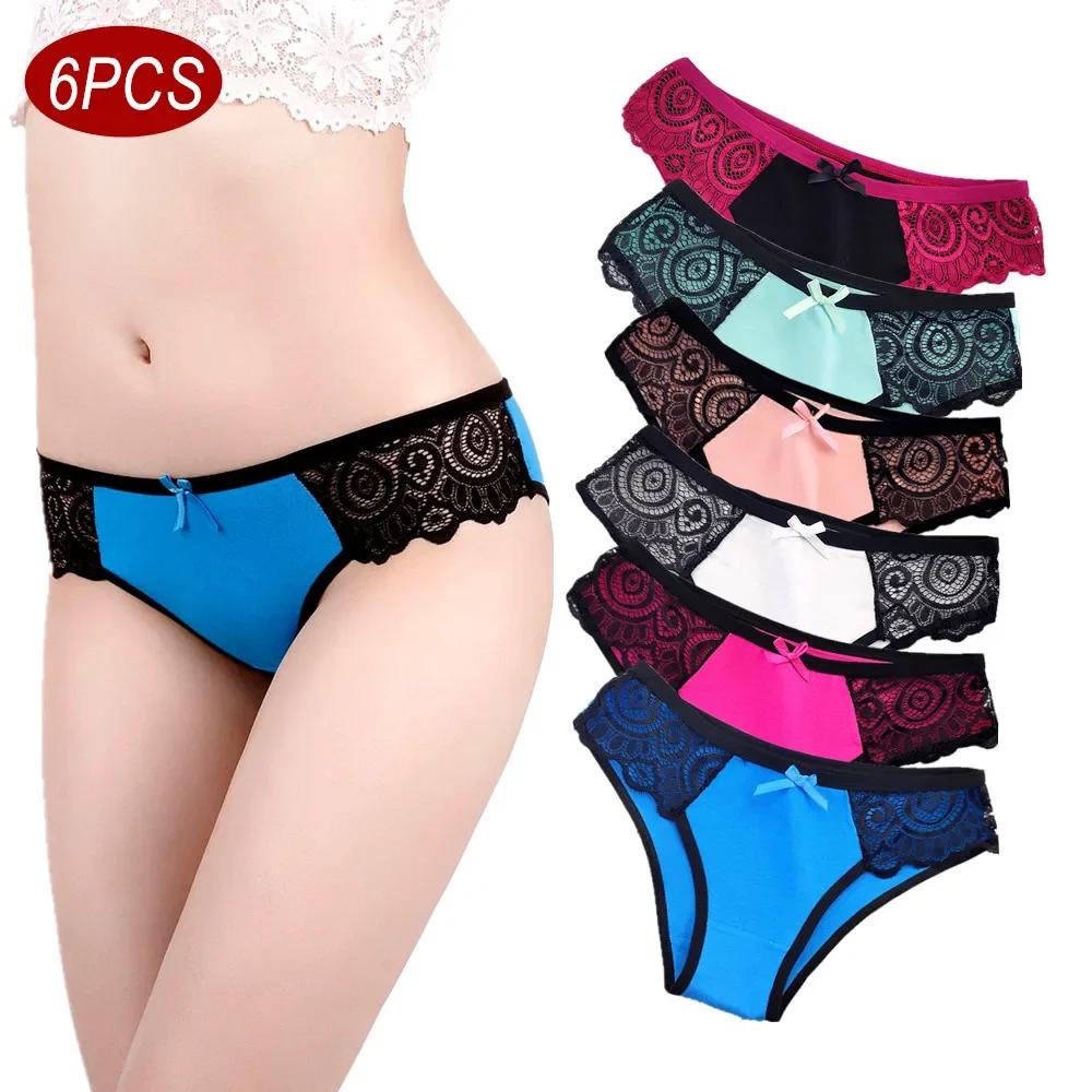 

6PCS/Set Patchwork Women s Floral Lace Cotton Panties Comfortable Underwear Girls Cut Bow Panty Mid Waist Intimates Lingerie XL