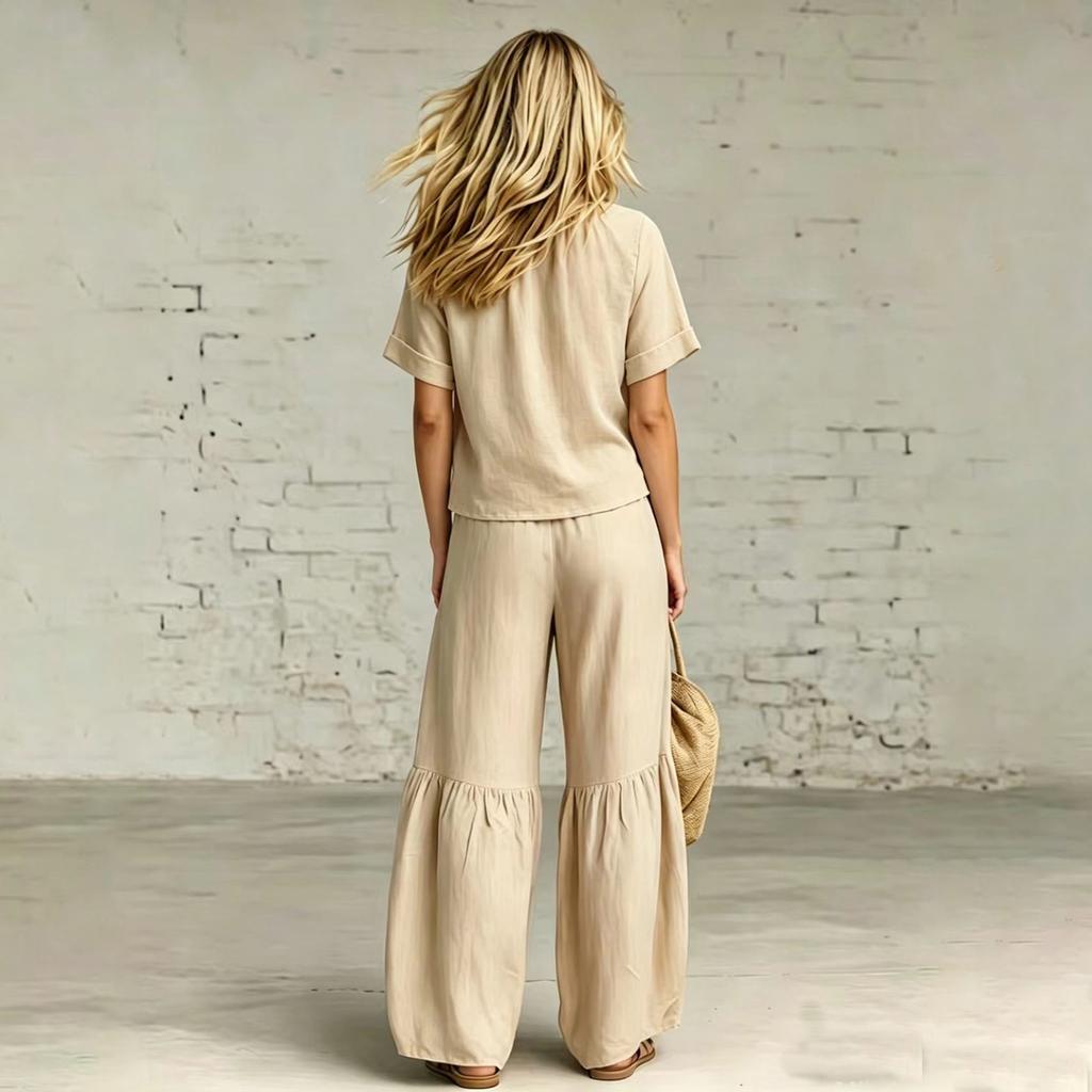 Women's V-Neck Short Sleeve Loose Fit Top and Casual Pants 2-Piece Set Color Outfit