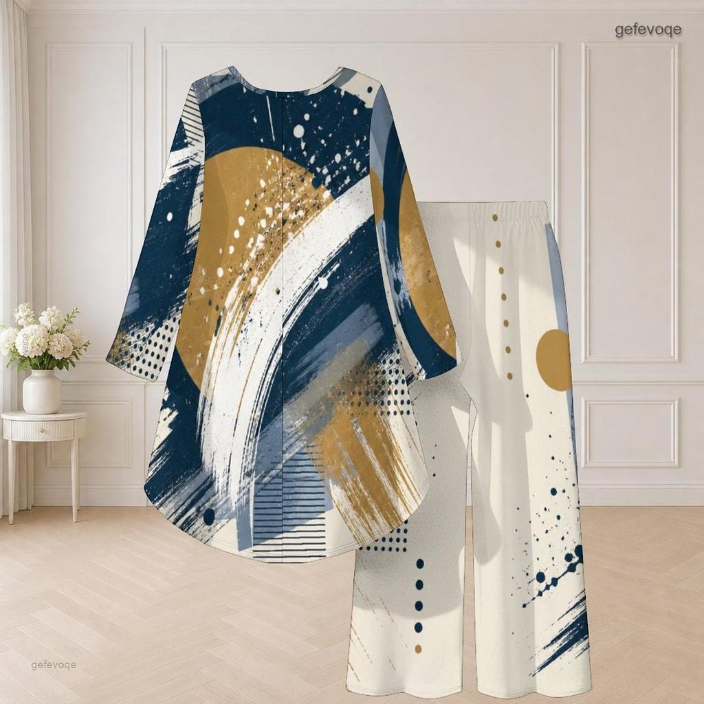 Women Plus Size Round Neck Long Sleeve Printed High Low Top Wide Leg Pants Two Piece Set
