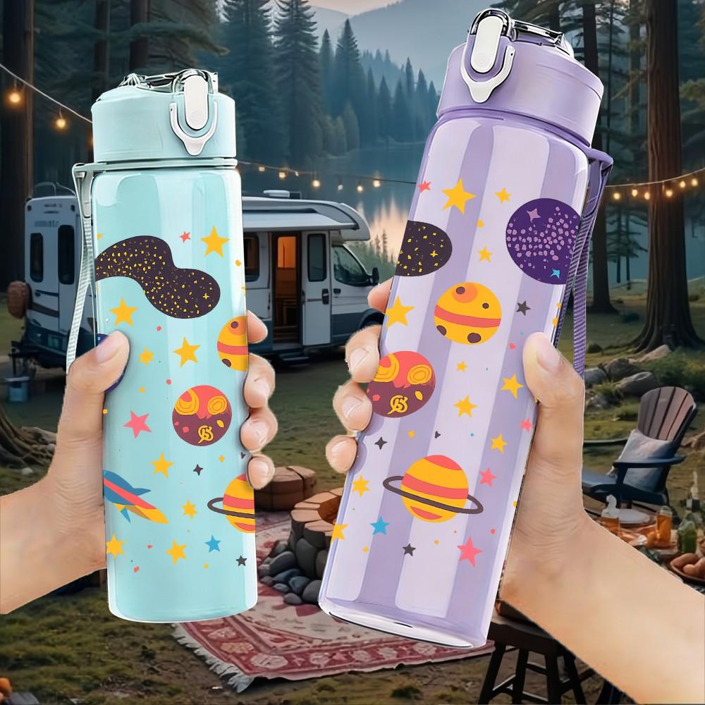 1PC Colorful Planet Space Doodle Print 750ml Color Plastic Sports Water Bottle Leakproof Flip Straw Lid Suitable for Sports Office Home Use