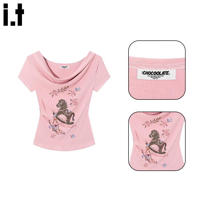 :CHOCOOLATE Draped Neck Slim Fit Short Sleeve T-Shirt