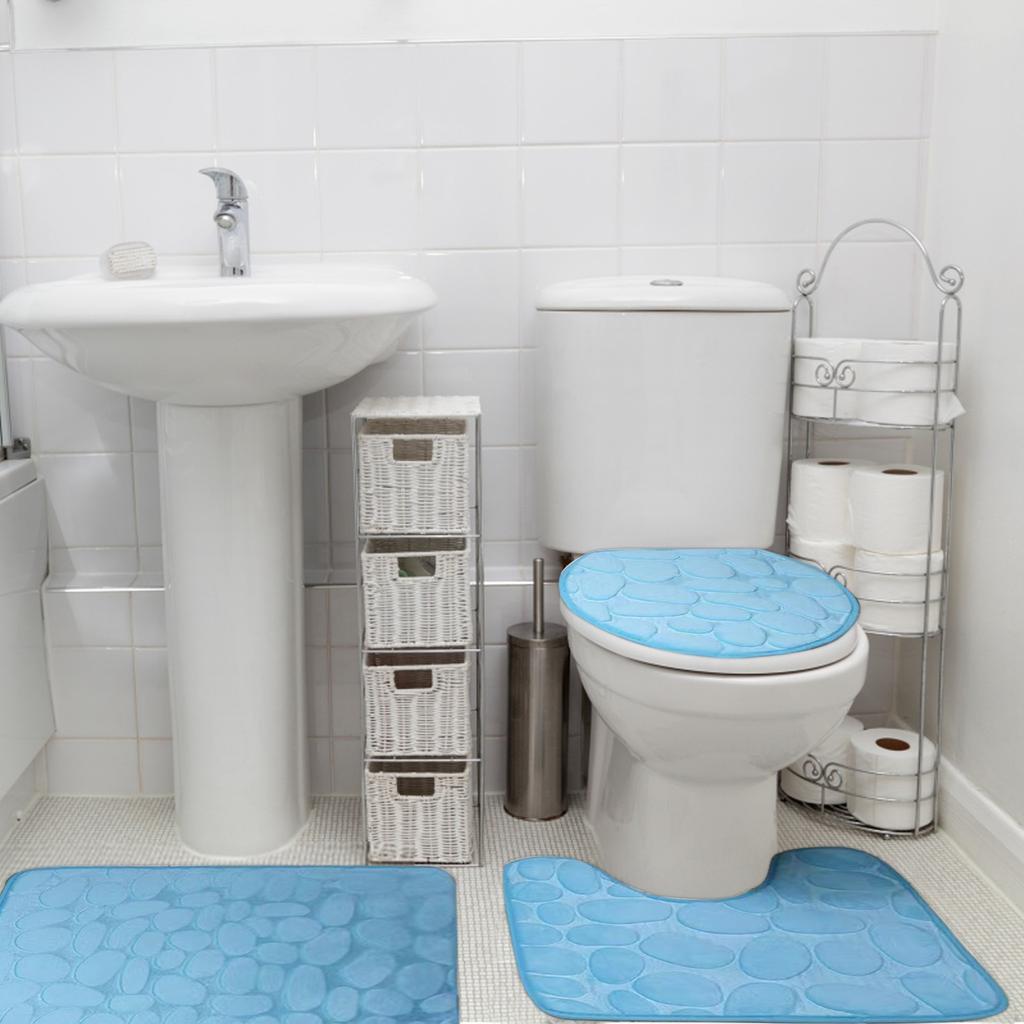 Bathroom Decorative Rug Set Of 3, Chenille Plush Large Rug, Rug And Toilet Seat Cover With Non-Slip Rubber Backing