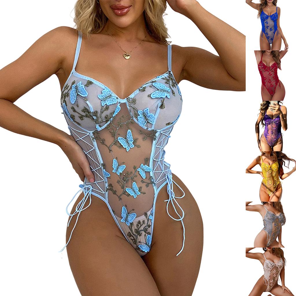 Women Lace Bodysuit Sheer Mesh One Piece Lingerie Butterfly Embroidery Adjustable Straps Slim Fit Intimate Apparel