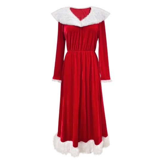 Mrs. Claus Costume Christmas Red Velvet Dress for Women Long Sleeve V Neck Cosplay Outfit with Santa Hat And Belt