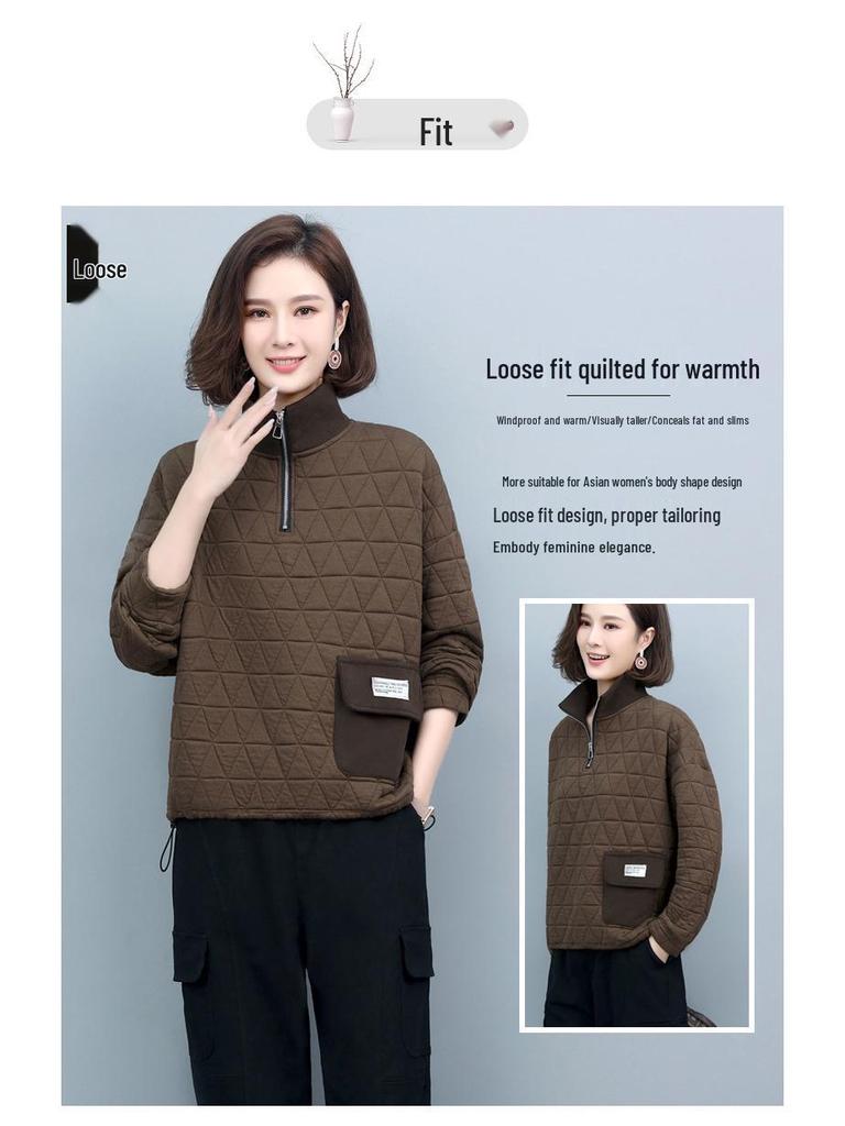 Women's Quilted High Neck Zipper Pullover Sweater - 2024 Autumn/Winter Collection, Petite Fit, No Hood