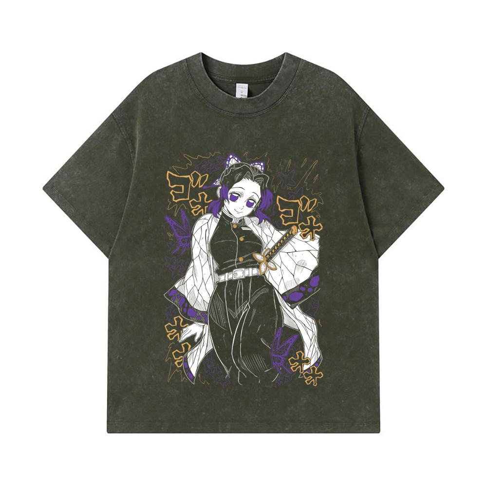 275 GSM Washed T-shirts 100% Cotton Demon Slayer V45 Shinobu Print Unisex Heavy Cotton T Shirt