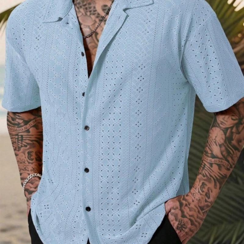 

Men s Light Blue Short Sleeve Cuban Collar Eyelet Embroidery Shirt Casual Summer Beach Top S синій