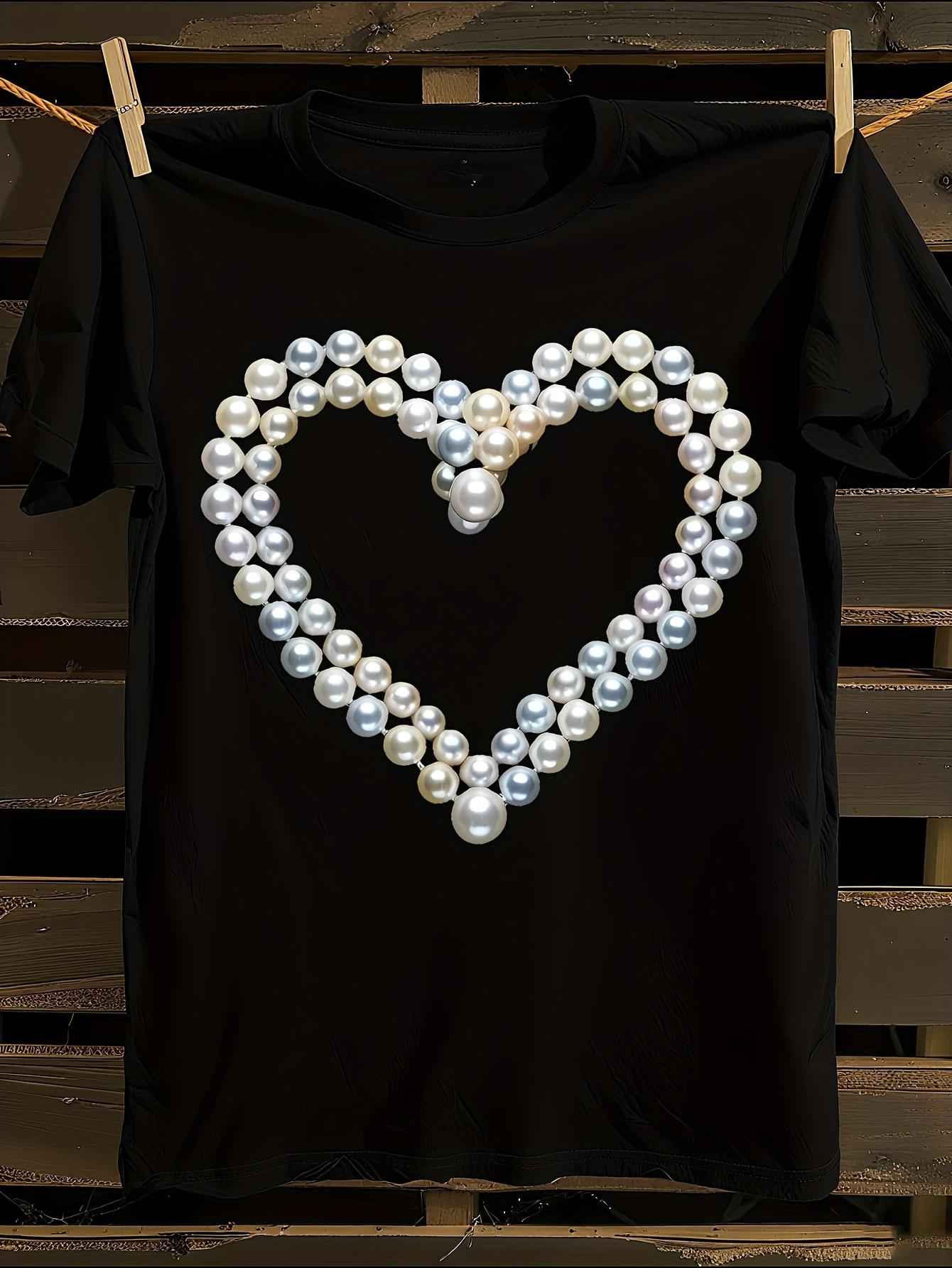 WoElegant Heart-Shaped Pearl Print T-shirt XXXL