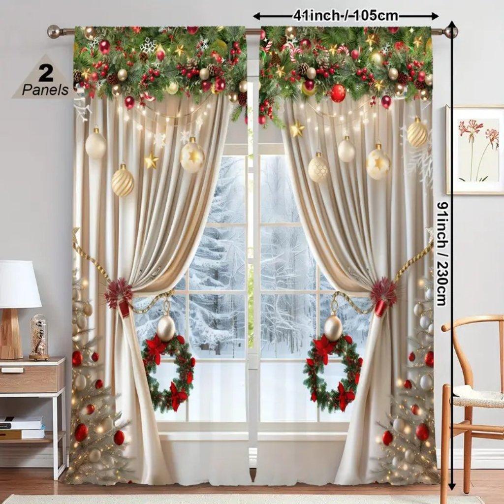 2pcs Luxurious Christmas Curtains With Golden 3D Digital Design Light-Filtering Window Curtain for Living Room, Bedroom, Office,