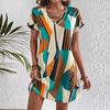 Damen V-Ausschnitt Kurzarm Minikleid Lockere Passform Mittlere Taille Urlaub Geometrischer Print A-Linien-Kleid