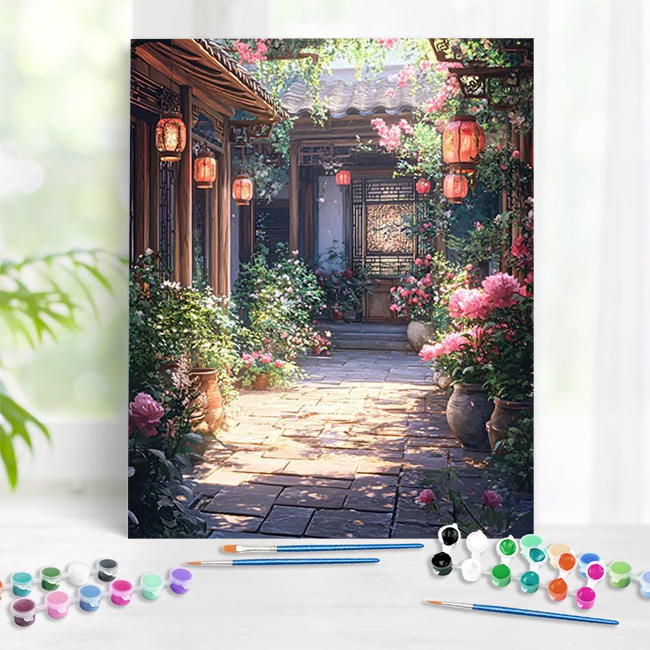 

RUOPOTY Painting On Numbers Peony Courtyard Handmade Gift Acrylic Paint Paintings HandPainted On Canvas For Interior Home Decor 40x50cm NO Frame