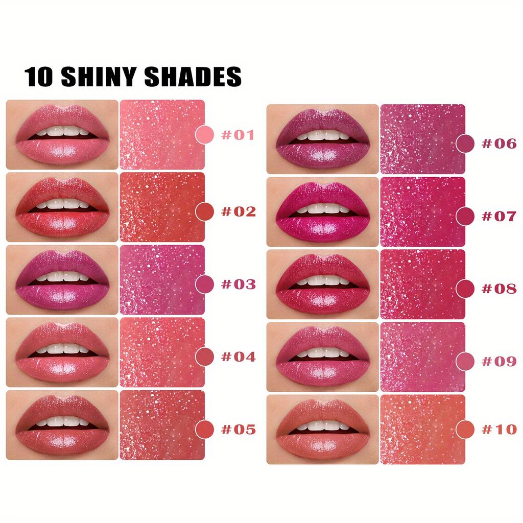 Pearlescent Lipstick,Silky Fine Glitter Lipstick Non-stick Cup Long-lasting Moisturizing Lipstick Non-fading Glitter Lipstick 10 Colors