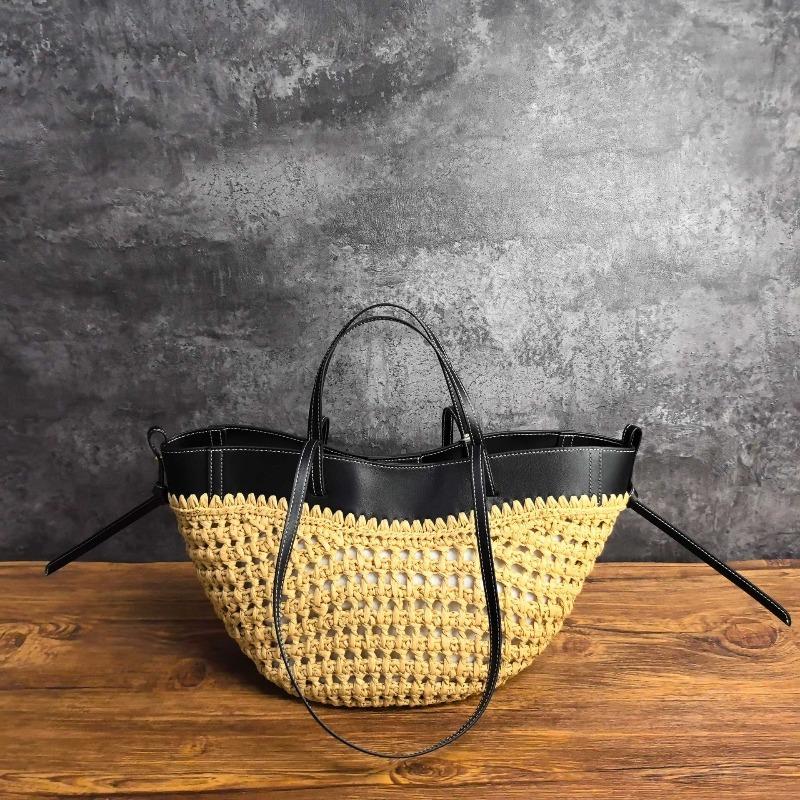 Internet celebrity popular POLE high quality French straw tote bag leather splicing versatile portable underarm vegetable basket bag