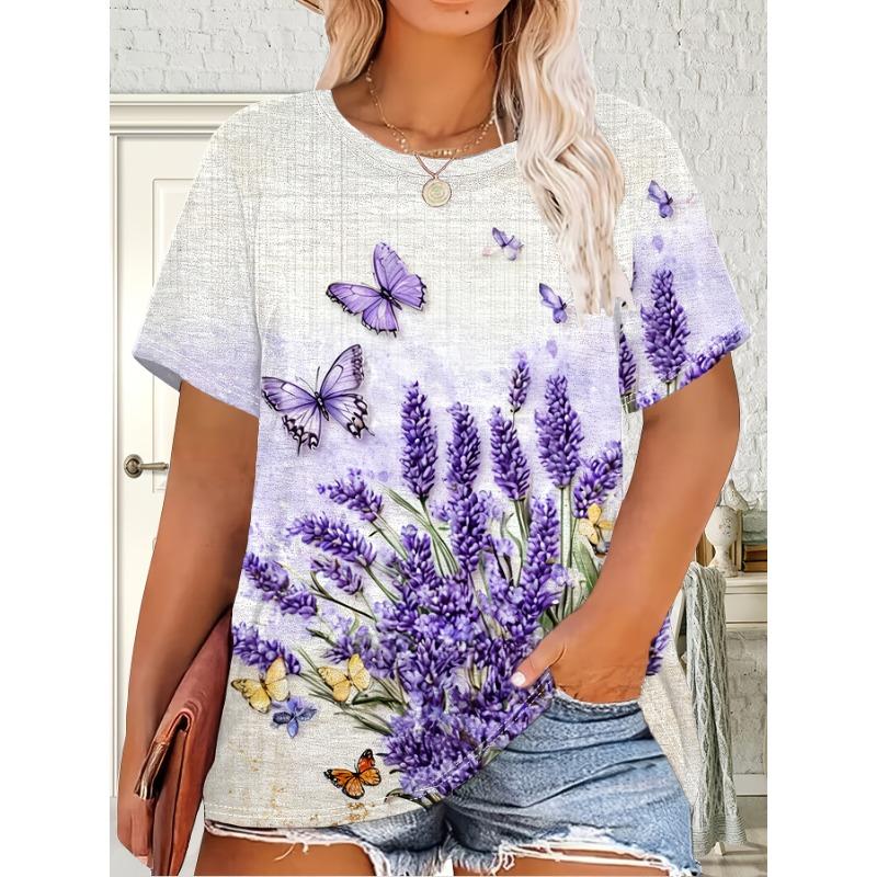 Women s Plus Size Vintage Lavender Graphic T-Shirt - Casual Short Sleeve Crew Neck Top S