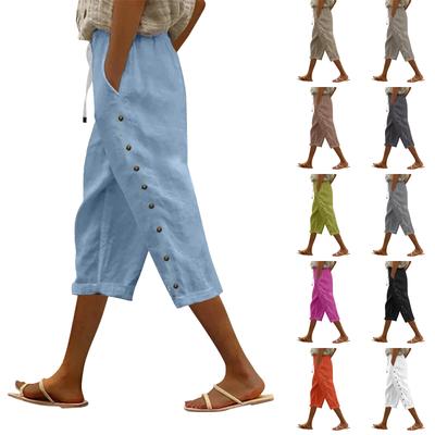 Women Casual  Side Button Up Trendy Pants Baggy Elastic Waist Straight Leg Comfort Trousers With Pocket
