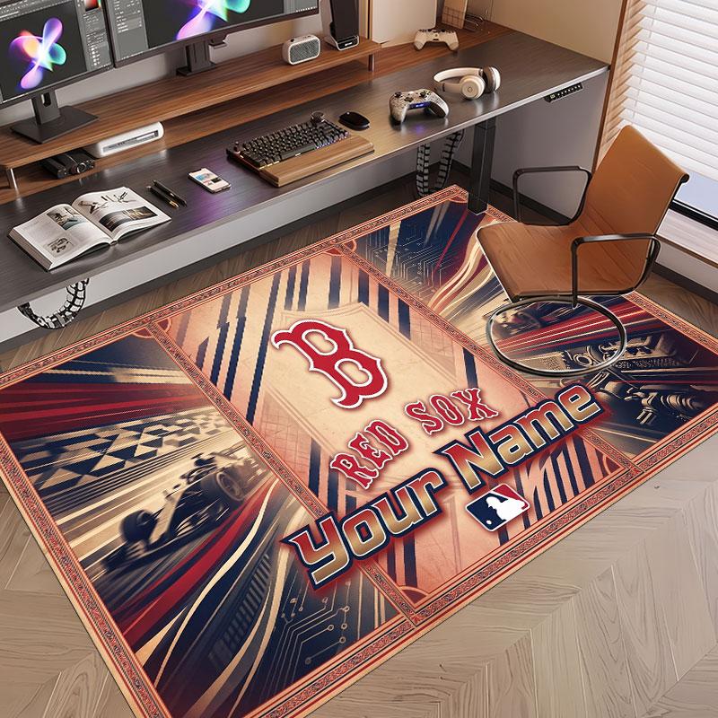Custom Rug Boston Red Sox Pattern Print Name Text Soft Non‑Slip Floor Carpet for Home Indoor Decoration
