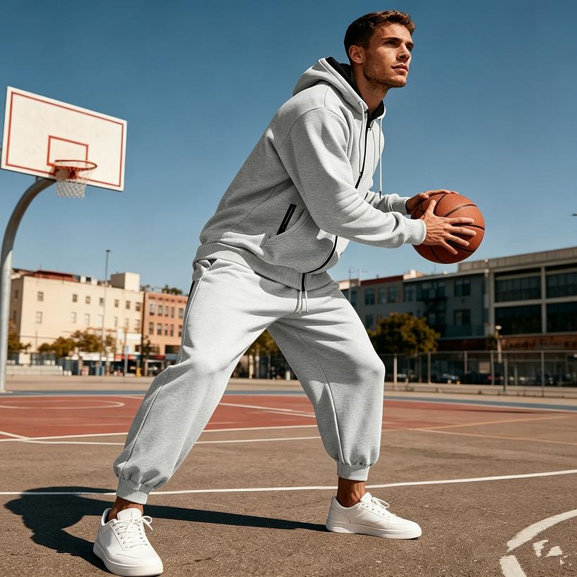 Ensemble de sport à capuche en polaire pour homme Automne Hiver Manches Longues Décontracté Fermeture éclair Thermique Confortable Respirant Vêtement d'extérieur