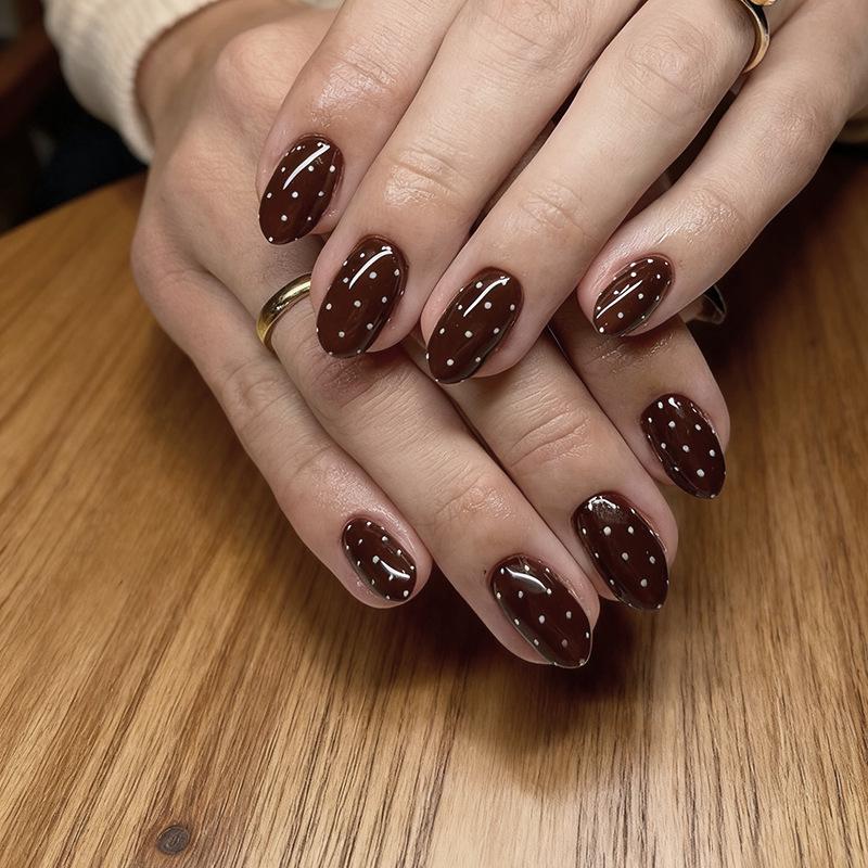 Autumn & Winter Brown Polka Dot Oval Nail Tips - Medium Length