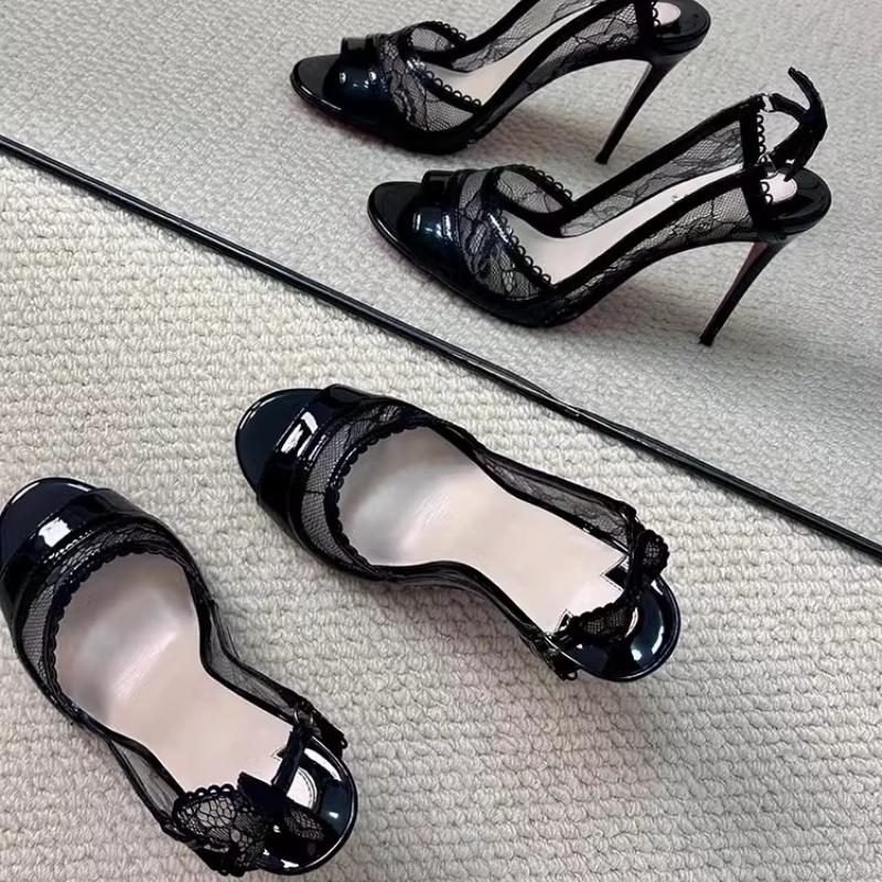 2025 Summer New Fish Mouth Lace Black High Heels Women Fine Heel Sexy Royal Bow One Strap Sandals