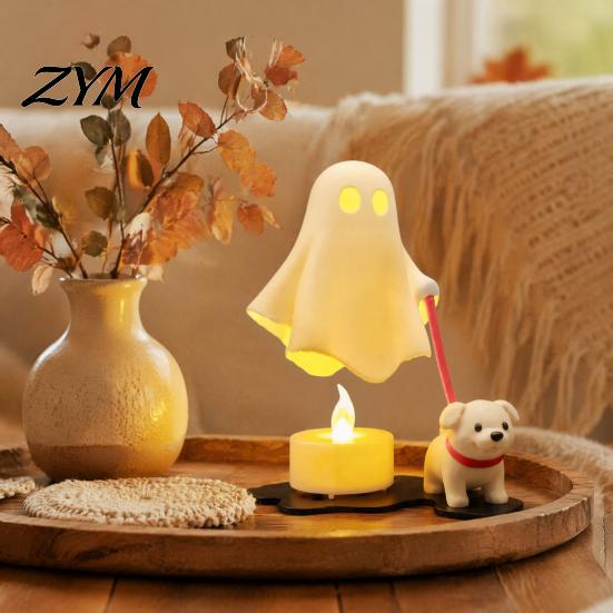 3D Printed Home Decor Halloween Ghost Walking Dog Figurine, Cute Spooky Statue with Modern Bedroom Shelf LED Candle, Tabletop Ornament for Holiday