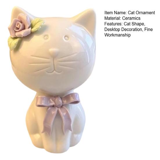 1/2Pcs Ceramic Bow Cat Figurine, Sitting Kitten Statue with Flower Decor, Mini Animal Desktop Ornament for Home Office